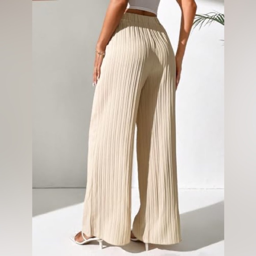 Elegant Beige Pleated Wide-Leg Pants